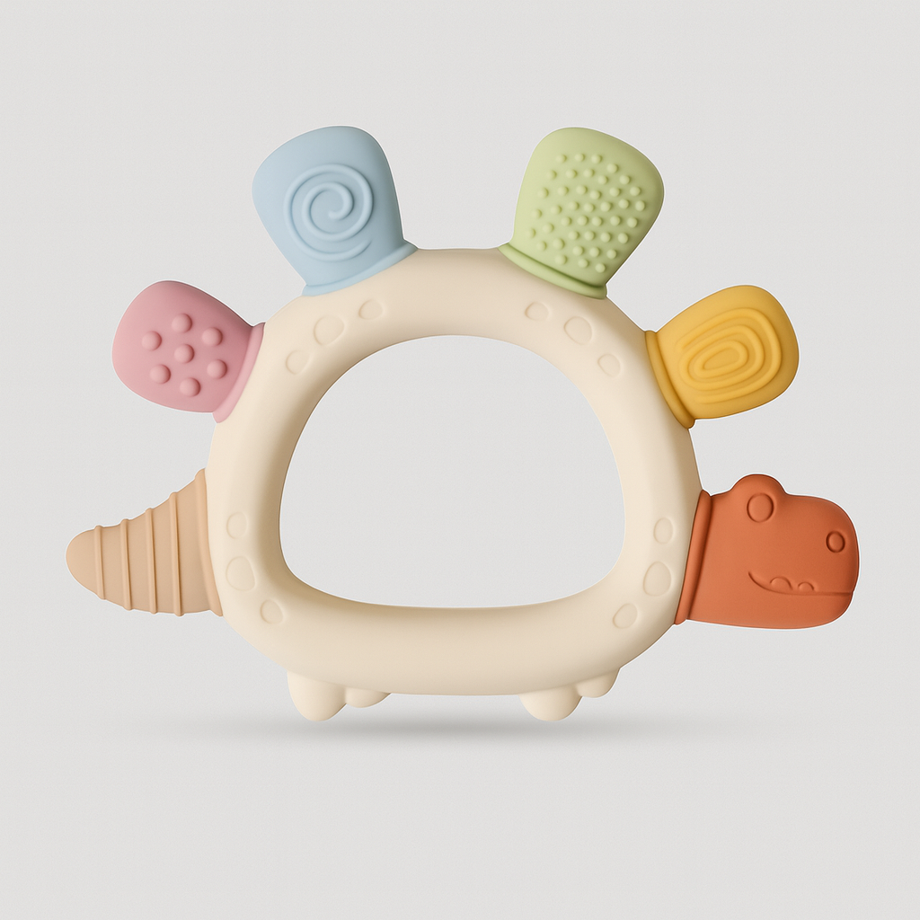 Dinosaurieformad silikonbitring för bebisar med pastellfärgade texturerade taggar