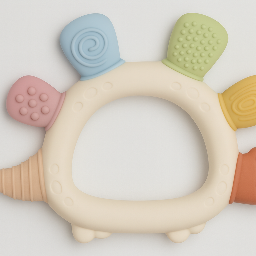 Dinosaurieformad silikonbitring för bebisar med pastellfärgade texturerade taggar