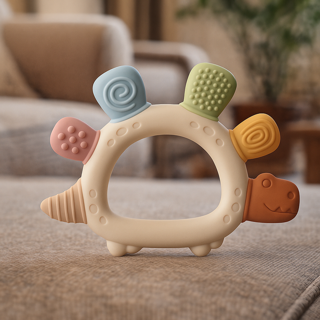 Dinosaurieformad silikonbitring för bebisar med pastellfärgade texturerade taggar