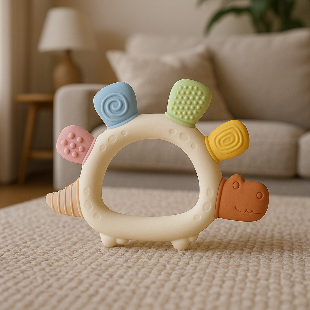 Dinosaurieformad silikonbitring för bebisar med pastellfärgade texturerade taggar