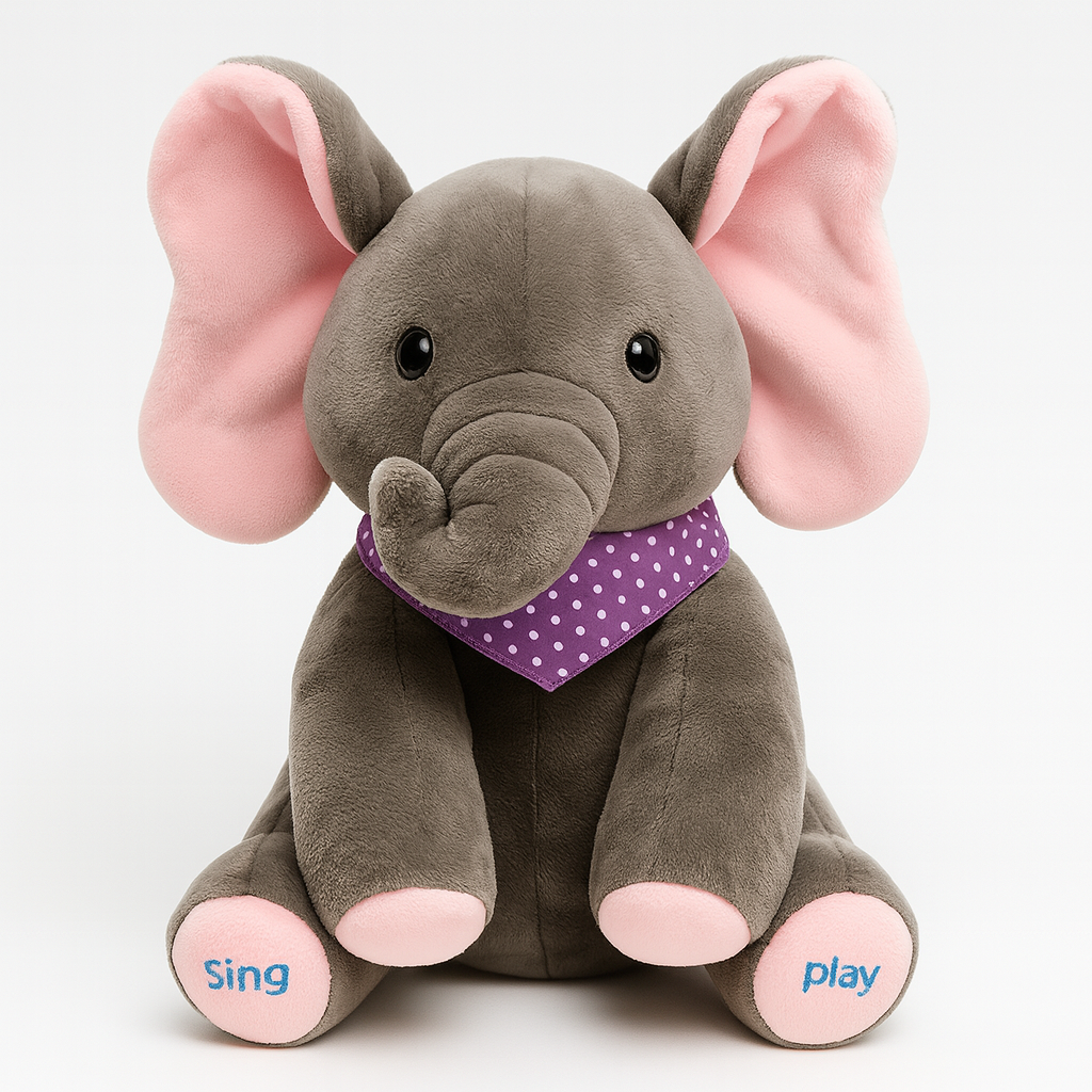 Grå plyschelefant med rosa öron som fladdrar och musikknappar på tassarna