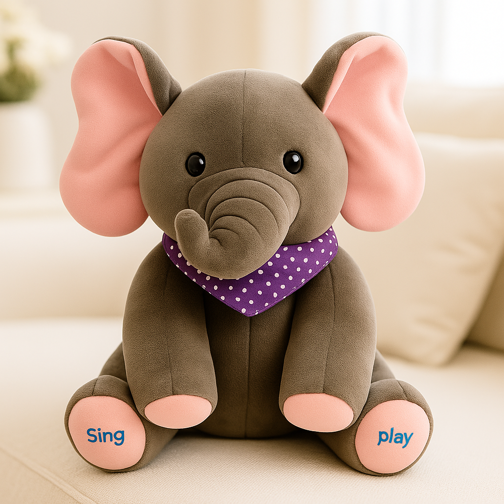 Grå plyschelefant med rosa öron som fladdrar och musikknappar på tassarna
