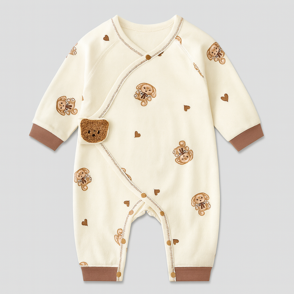 Crèmefärgad babyoverall med brunt björntryck och virkad björnapplikation