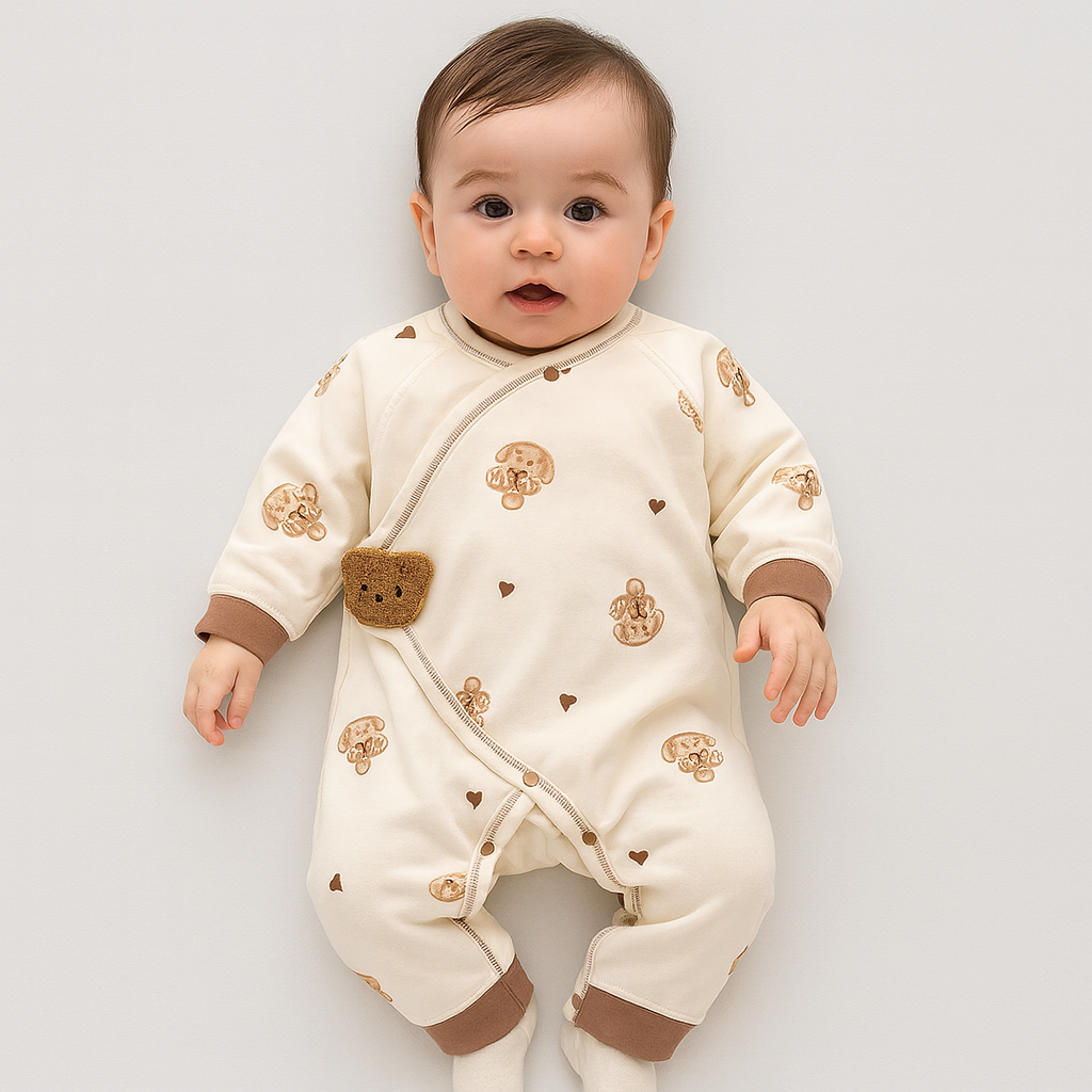 Crèmefärgad babyoverall med brunt björntryck och virkad björnapplikation