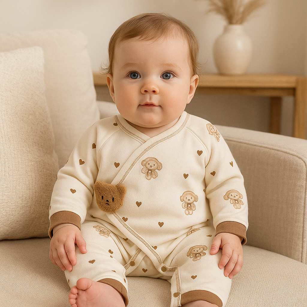 Crèmefärgad babyoverall med brunt björntryck och virkad björnapplikation