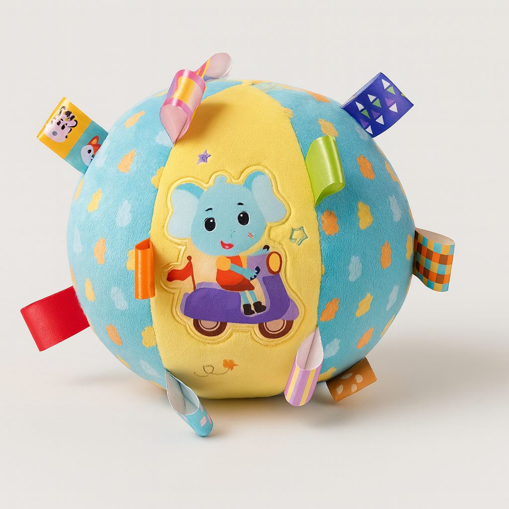 Rund blå och gul aktivitetsboll i plysch med färgglada tygflikar och en söt elefant som kör scooter.