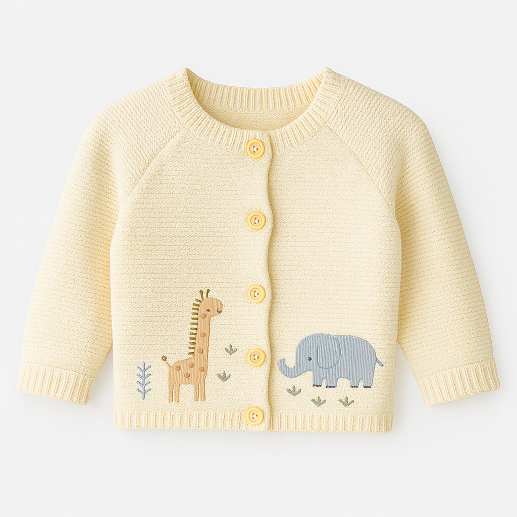 Creamfärgad stickad kofta med broderad giraff och elefant på trägalge
