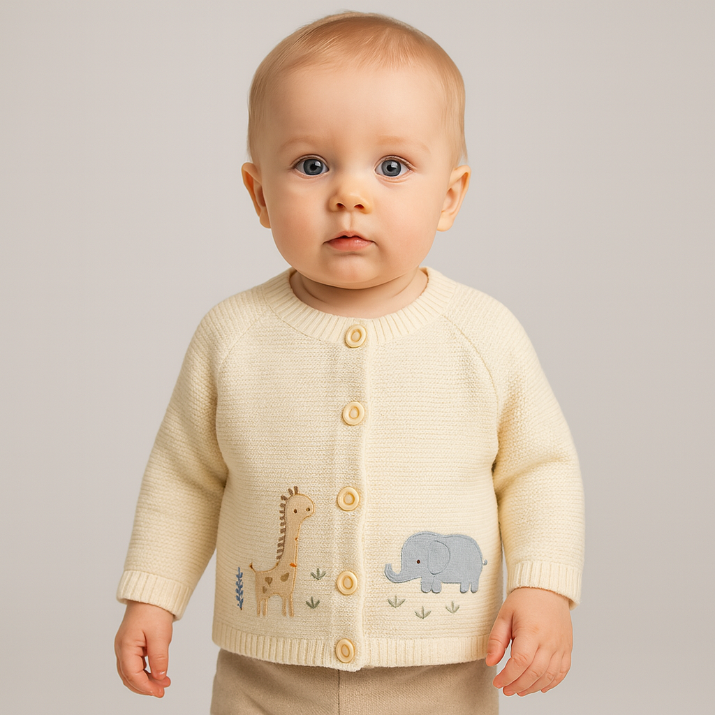 Creamfärgad stickad kofta med broderad giraff och elefant på trägalge