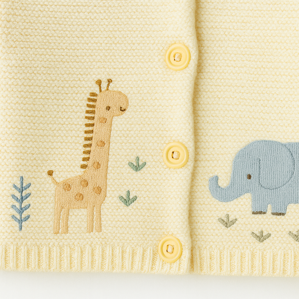 Creamfärgad stickad kofta med broderad giraff och elefant på trägalge