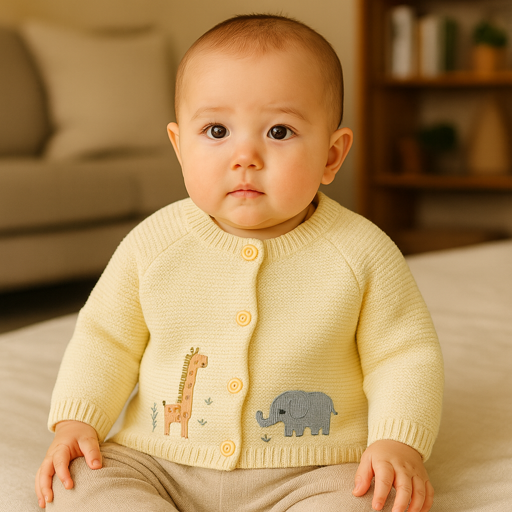 Creamfärgad stickad kofta med broderad giraff och elefant på trägalge