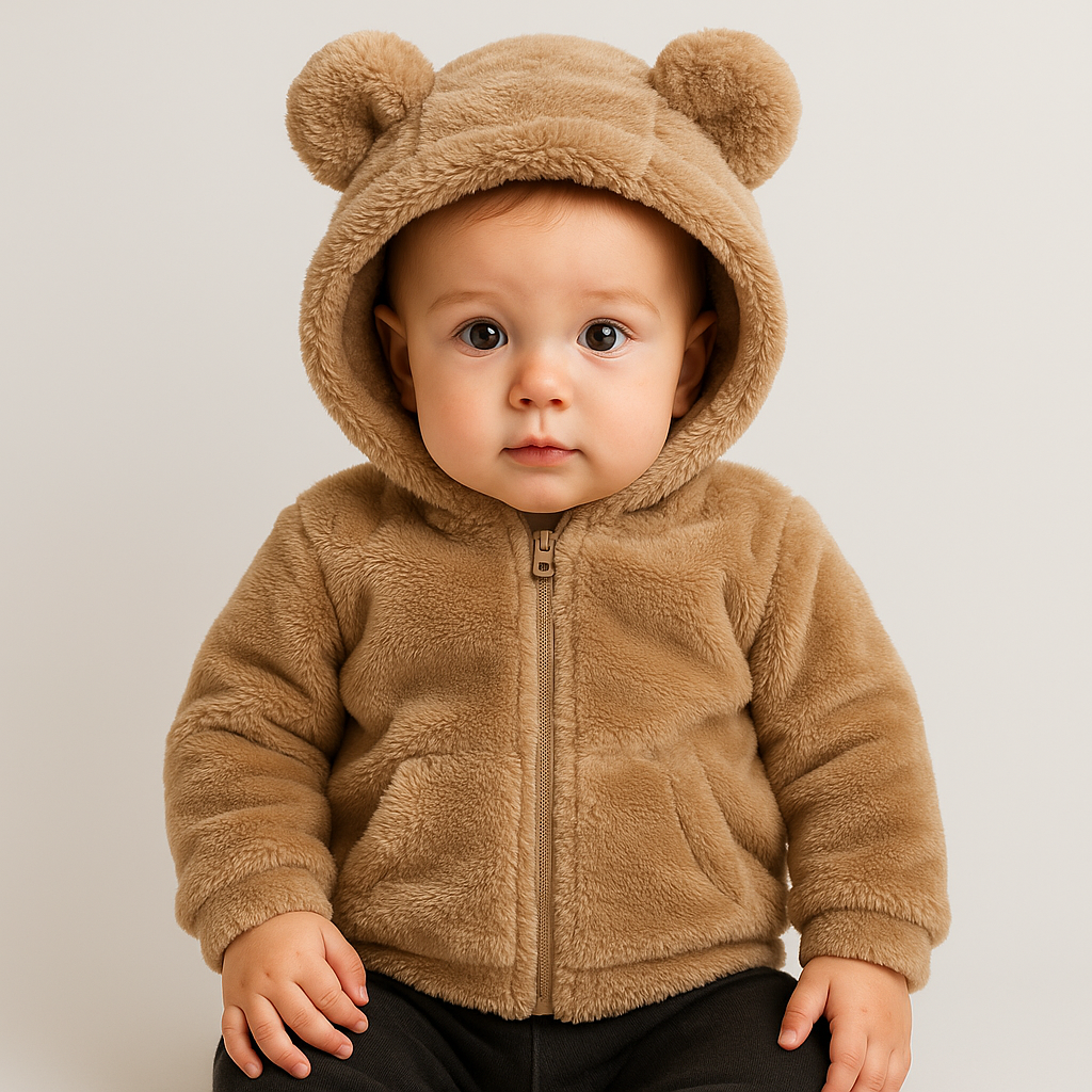 Babyfleecejacka med huva och björnöron, fotograferad mot enkel bakgrund