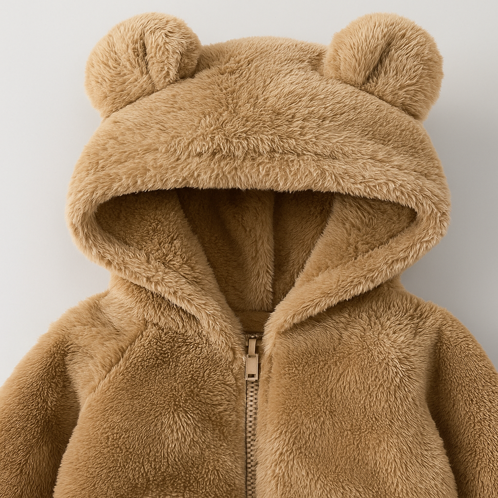 Babyfleecejacka med huva och björnöron, fotograferad mot enkel bakgrund