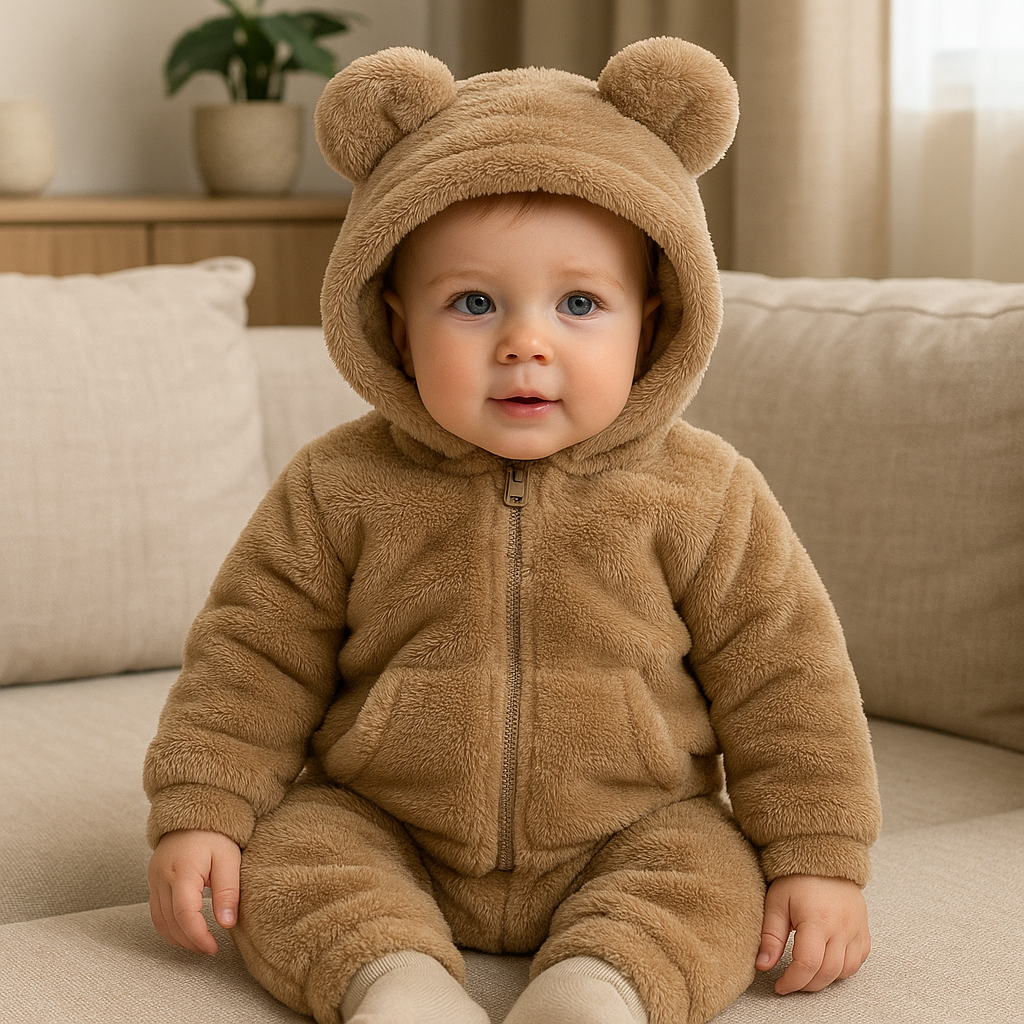 Babyfleecejacka med huva och björnöron, fotograferad mot enkel bakgrund