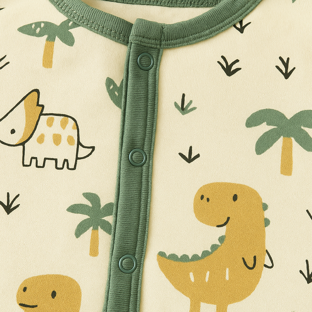 Babyromper med dinosauriemotiv och kontrasterande kanter, placerad mot en mjuk bakgrund