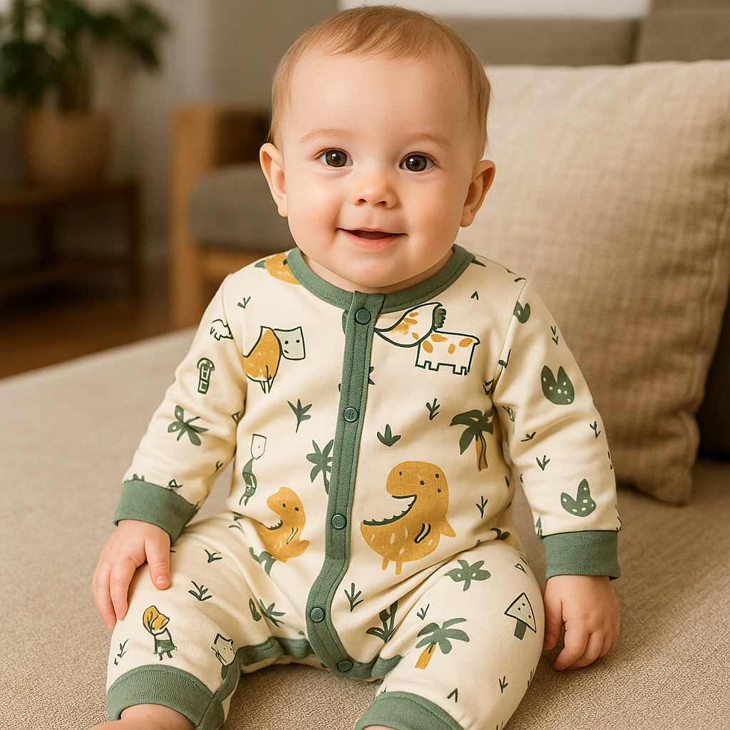 Babyromper med dinosauriemotiv och kontrasterande kanter, placerad mot en mjuk bakgrund