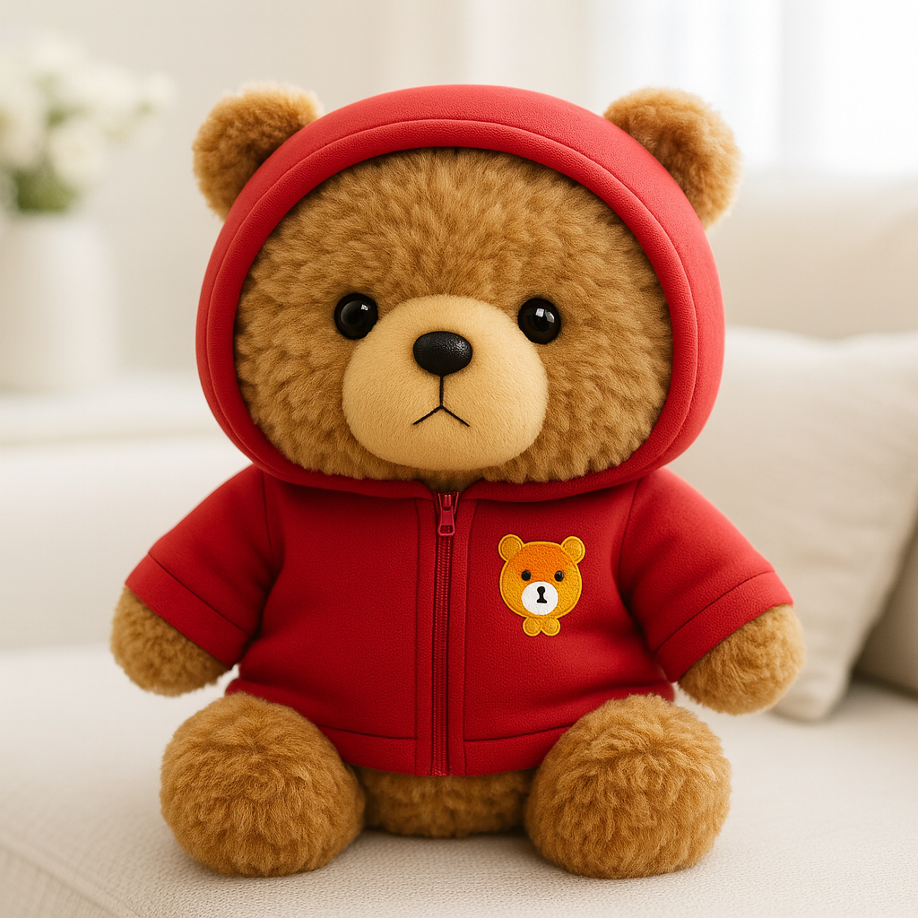Plyschbjörn med röd hoodie som sitter upprätt