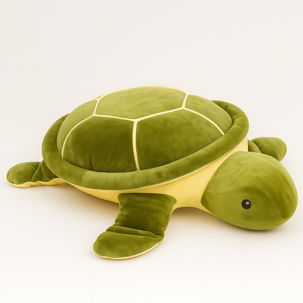 Stor grön plyschsköldpadda med mjukt skal och vänliga ögon liggande på en vit bakgrund.