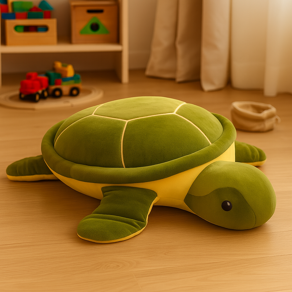 Stor grön plyschsköldpadda med mjukt skal och vänliga ögon liggande på en vit bakgrund.