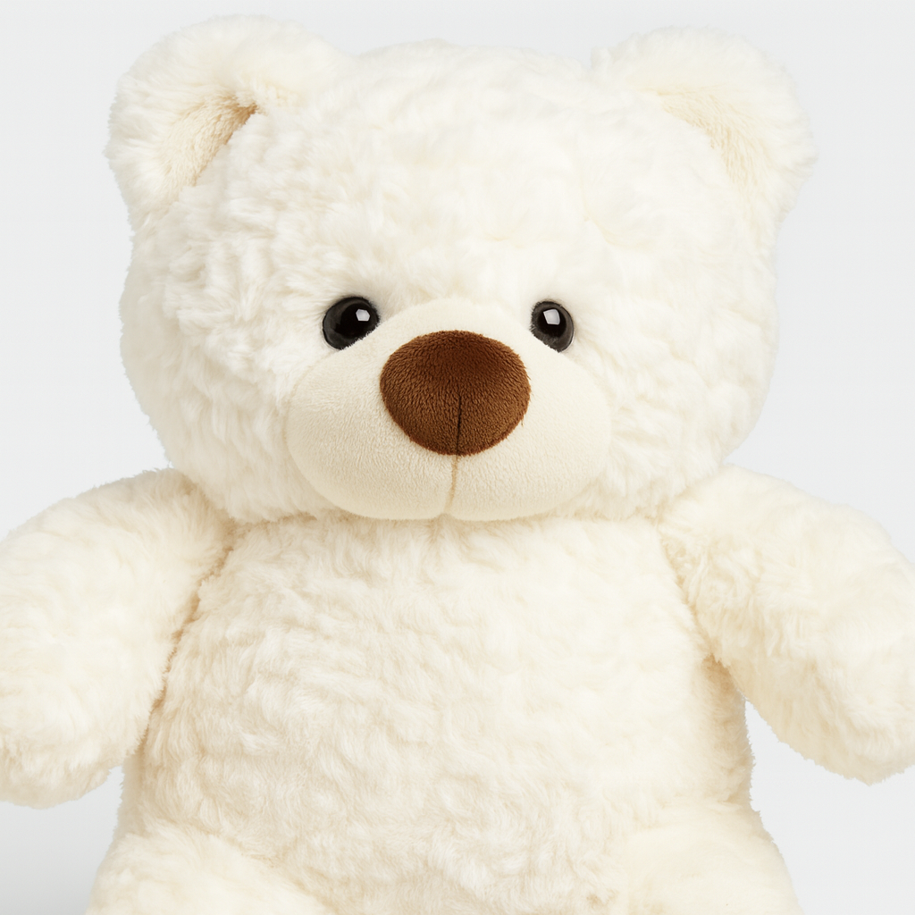 Vit fluffig plyschnalle som sitter i en flätad korg