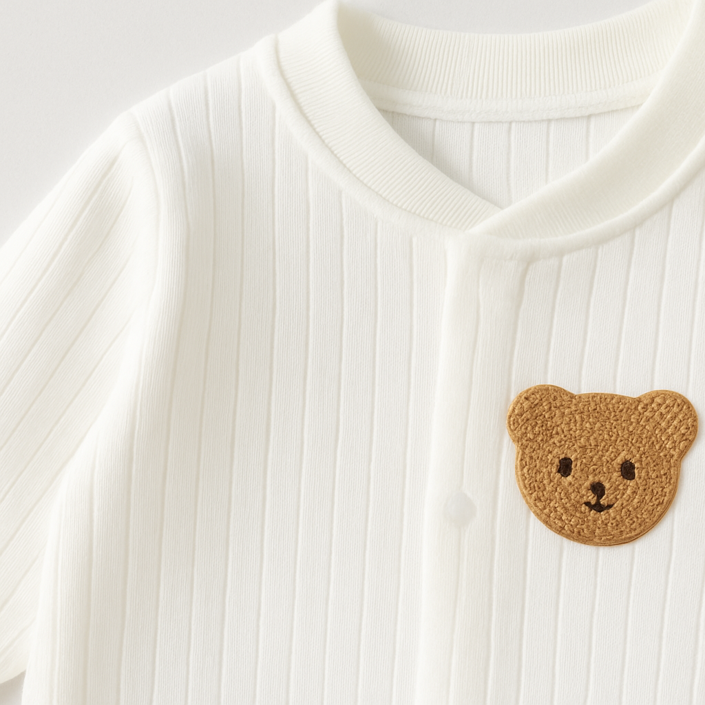 Vit ribbad babyoverall med brun virkad björnpatch på bröstet