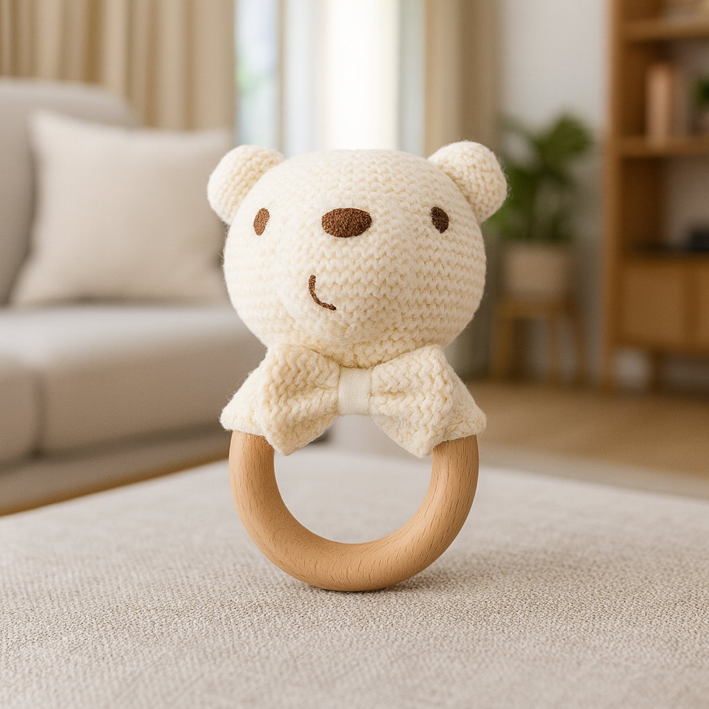 Krämfärgad stickad björnskallra med trä-ring och mjuk rosett