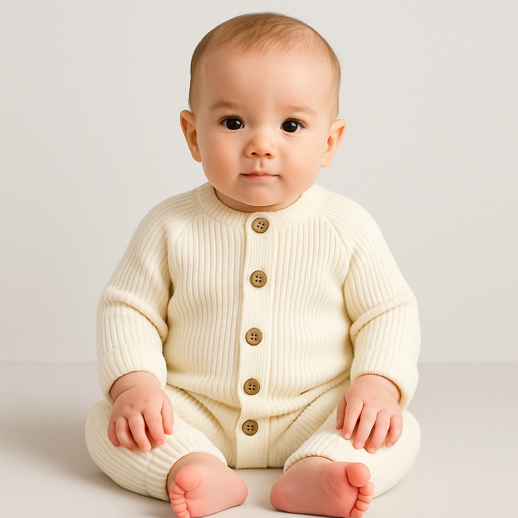 Babyromper-topp i ribbad stickning med knappar framtill, placerad mot en neutral bakgrund