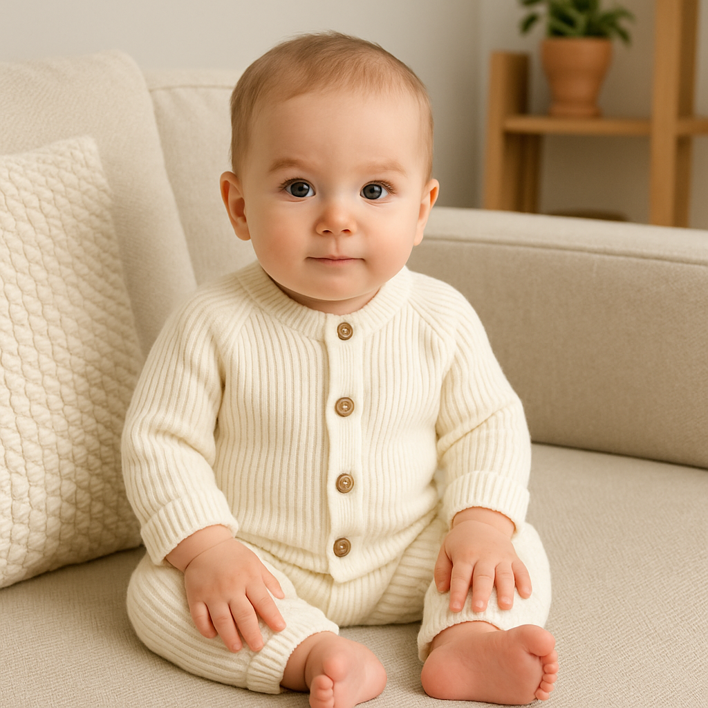 Babyromper-topp i ribbad stickning med knappar framtill, placerad mot en neutral bakgrund