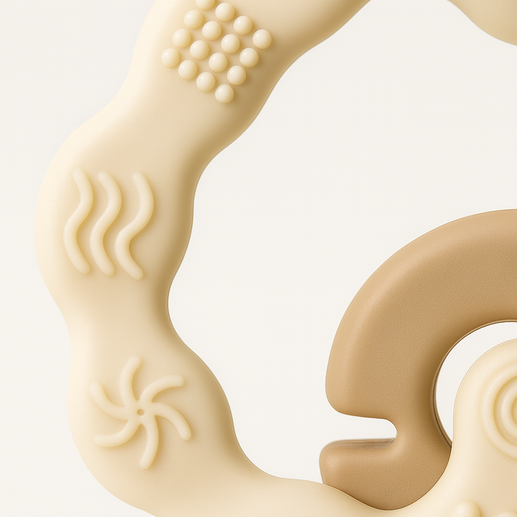 Neutrala beige och bruna silikonbitringar med flera strukturerade ytor i sammanlänkad design.