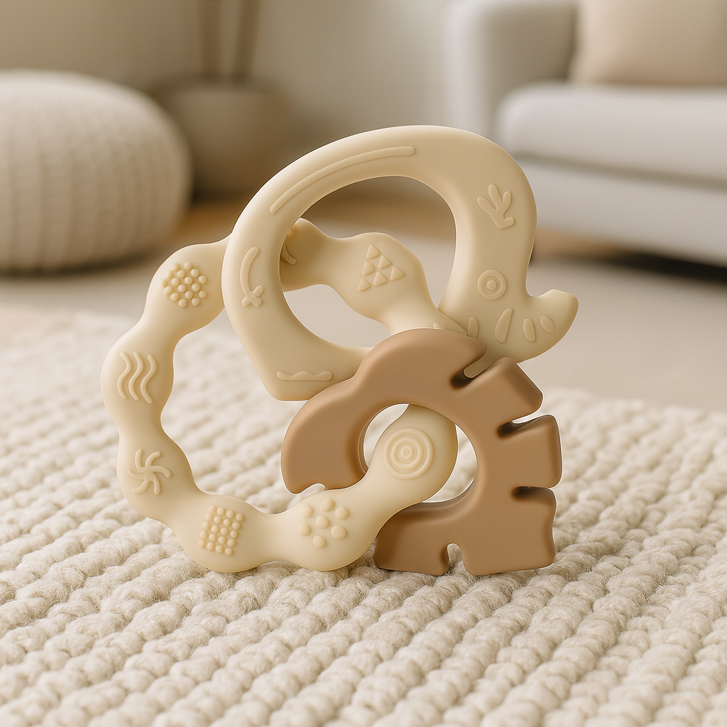 Neutrala beige och bruna silikonbitringar med flera strukturerade ytor i sammanlänkad design.