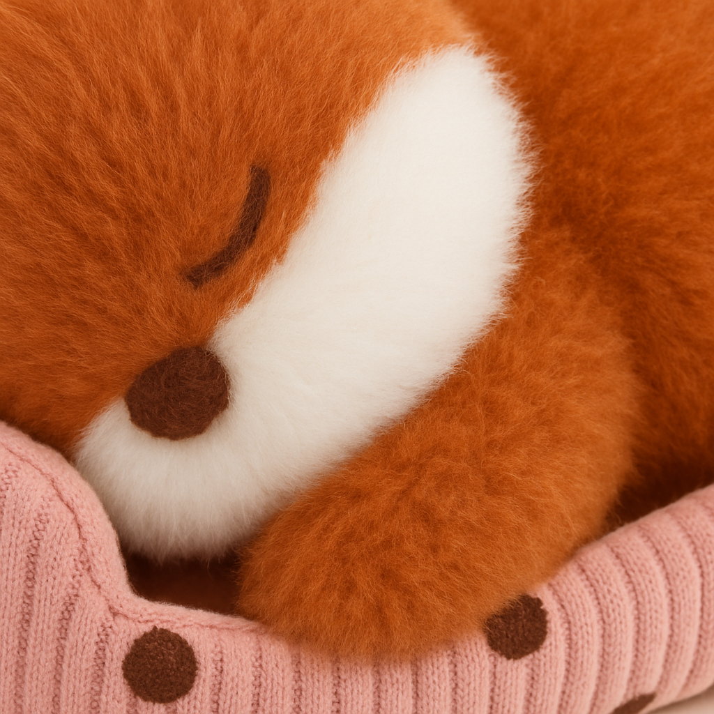 Sovande plyschräv med vita detaljer som ligger i en rosa prickig tygbädd.